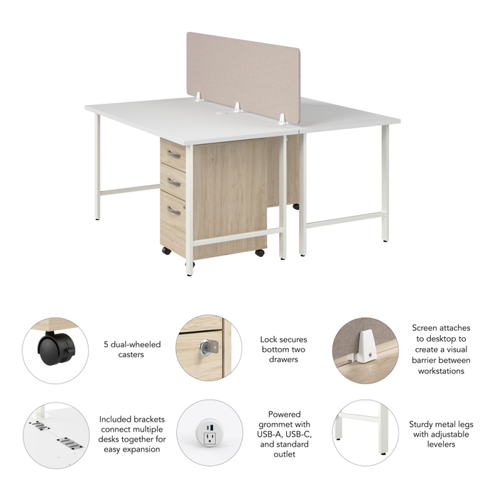 Hustle 2 Person Computer Desk with Mobile File Cabinets, Power Grommets, and Privacy Screen