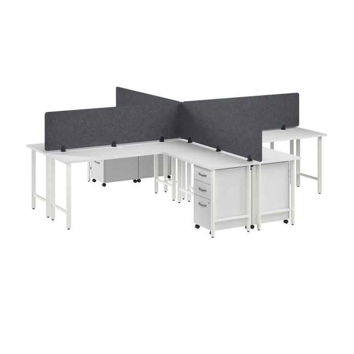 Hustle 4 Person L Shaped Desk with Mobile File Cabinets, Power Grommets, and Privacy Screens