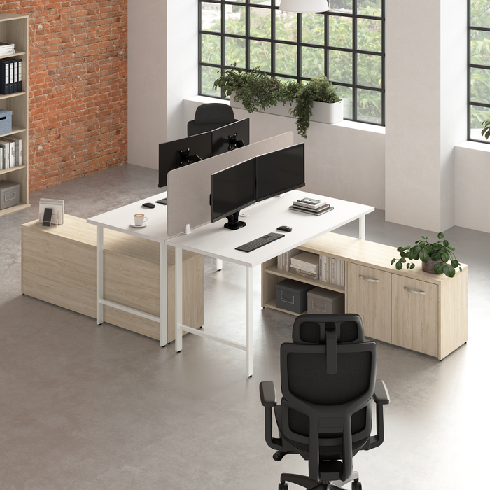 Hustle 2 Person Computer Desk with Low Storage Cabinets, Power Grommets, and Privacy Screen