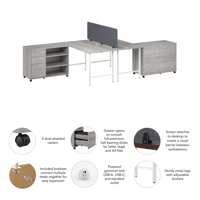 Hustle 2 Person Computer Desk with Mobile Storage Cabinets, Power Grommets, and Privacy Screen