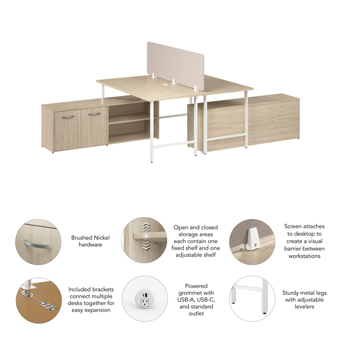 Hustle 2 Person Computer Desk with Low Storage Cabinets, Power Grommets, and Privacy Screen