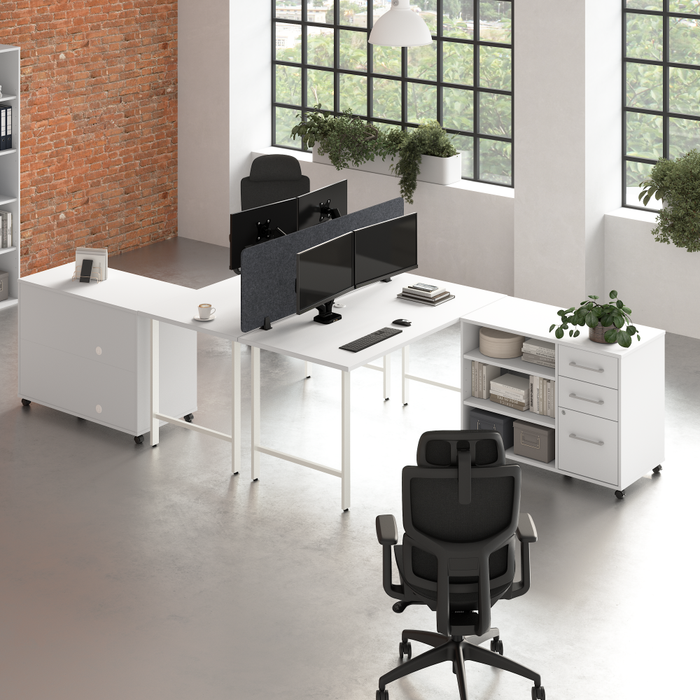Hustle 2 Person Computer Desk with Mobile Storage Cabinets, Power Grommets, and Privacy Screen