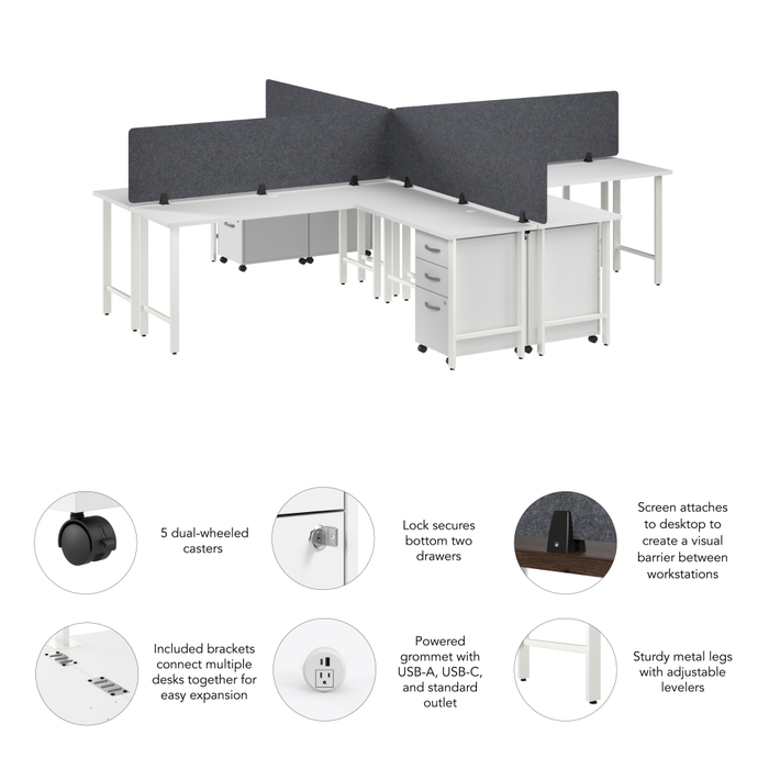 Hustle 4 Person L Shaped Desk with Mobile File Cabinets, Power Grommets, and Privacy Screens