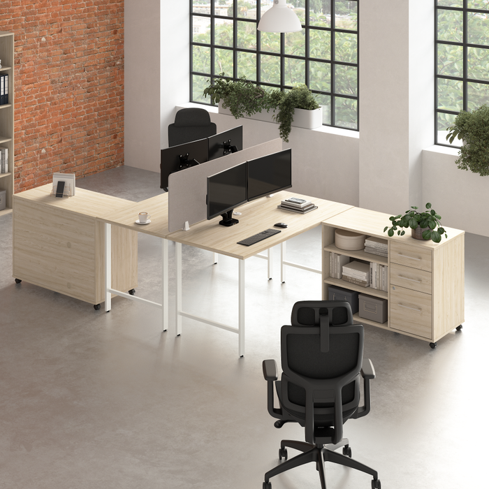 Hustle 2 Person Computer Desk with Mobile Storage Cabinets, Power Grommets, and Privacy Screen