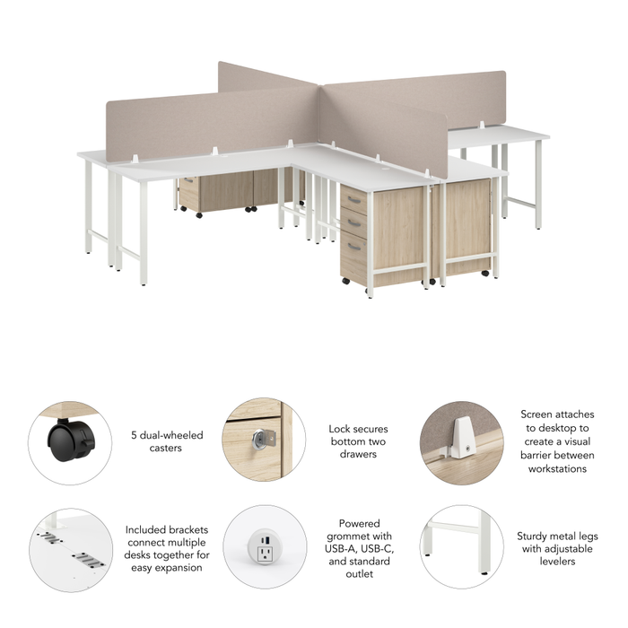 Hustle 4 Person L Shaped Desk with Mobile File Cabinets, Power Grommets, and Privacy Screens