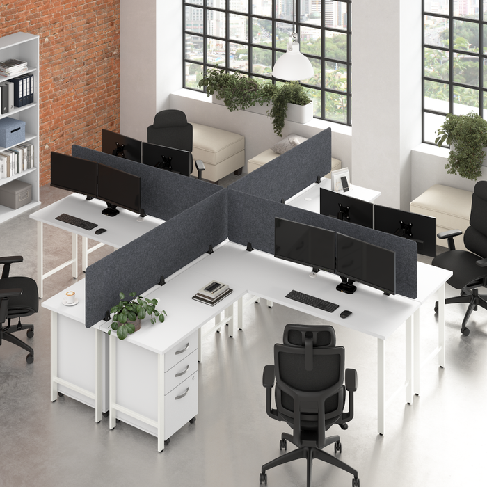 Hustle 4 Person L Shaped Desk with Mobile File Cabinets, Power Grommets, and Privacy Screens