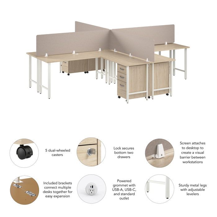 Hustle 4 Person L Shaped Desk with Mobile File Cabinets, Power Grommets, and Privacy Screens
