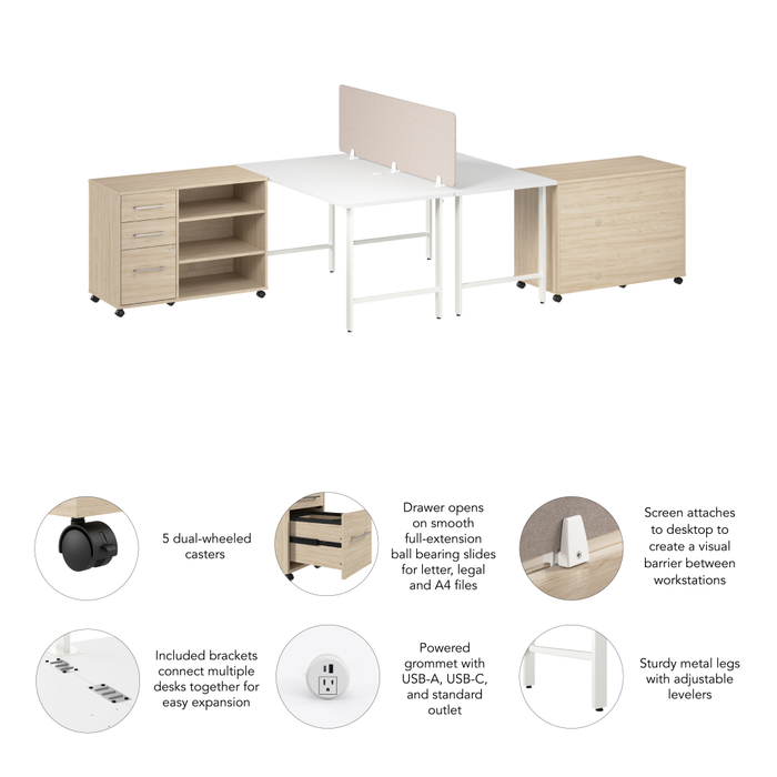 Hustle 2 Person Computer Desk with Mobile Storage Cabinets, Power Grommets, and Privacy Screen
