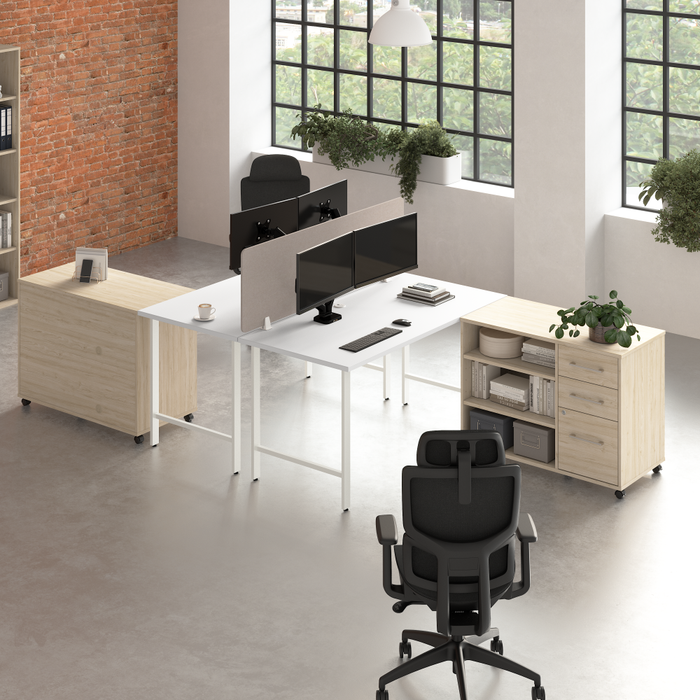 Hustle 2 Person Computer Desk with Mobile Storage Cabinets, Power Grommets, and Privacy Screen