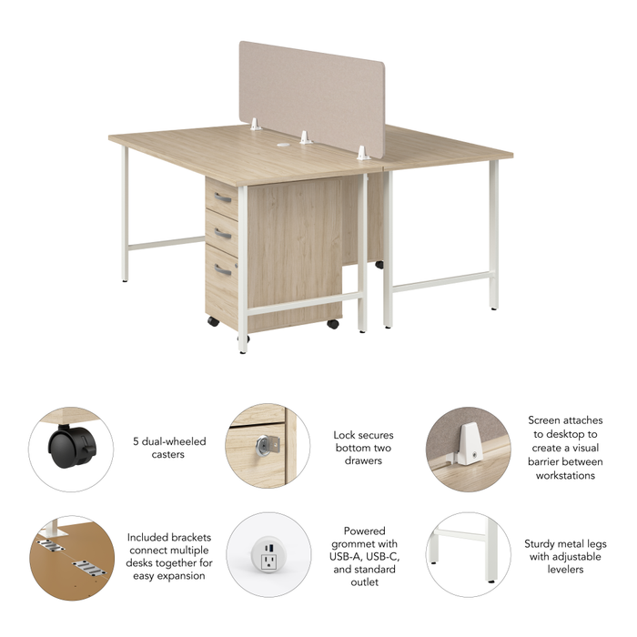 Hustle 2 Person Computer Desk with Mobile File Cabinets, Power Grommets, and Privacy Screen