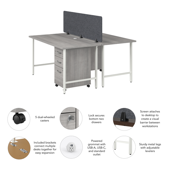 Hustle 2 Person Computer Desk with Mobile File Cabinets, Power Grommets, and Privacy Screen