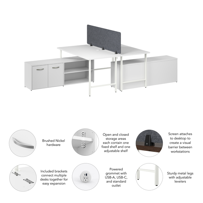 Hustle 2 Person Computer Desk with Low Storage Cabinets, Power Grommets, and Privacy Screen
