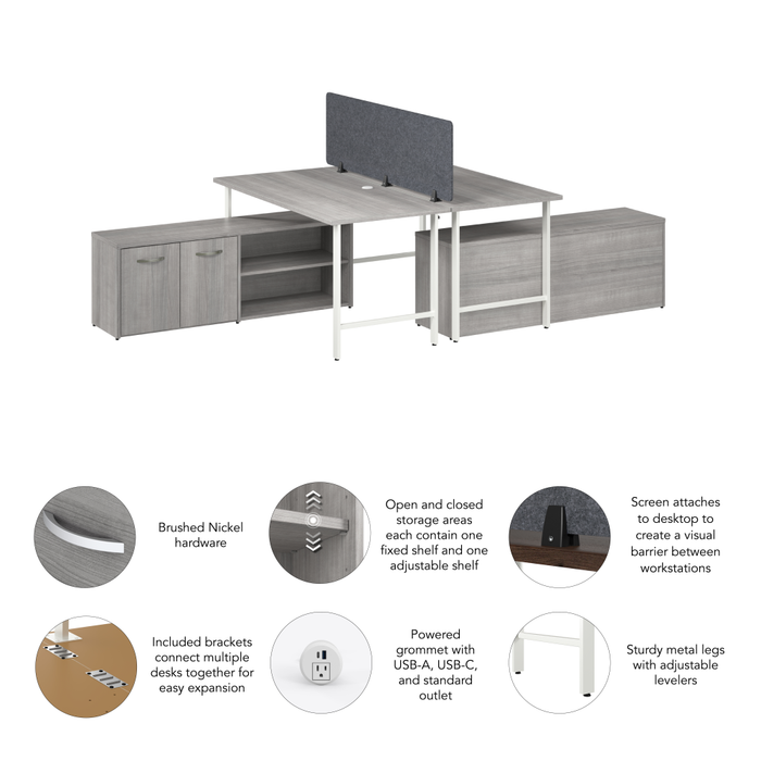 Hustle 2 Person Computer Desk with Low Storage Cabinets, Power Grommets, and Privacy Screen
