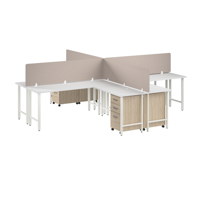 Hustle 4 Person L Shaped Desk with Mobile File Cabinets, Power Grommets, and Privacy Screens