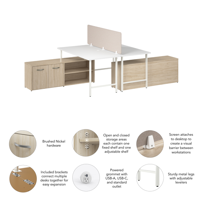 Hustle 2 Person Computer Desk with Low Storage Cabinets, Power Grommets, and Privacy Screen