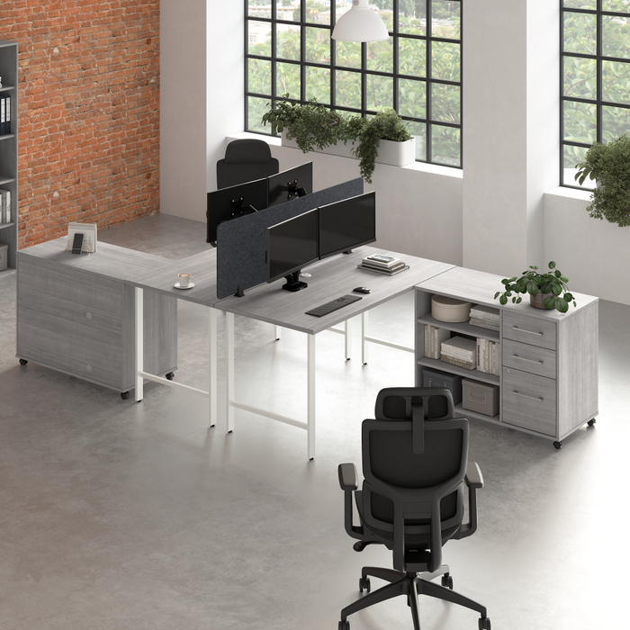 Hustle 2 Person Computer Desk with Mobile Storage Cabinets, Power Grommets, and Privacy Screen