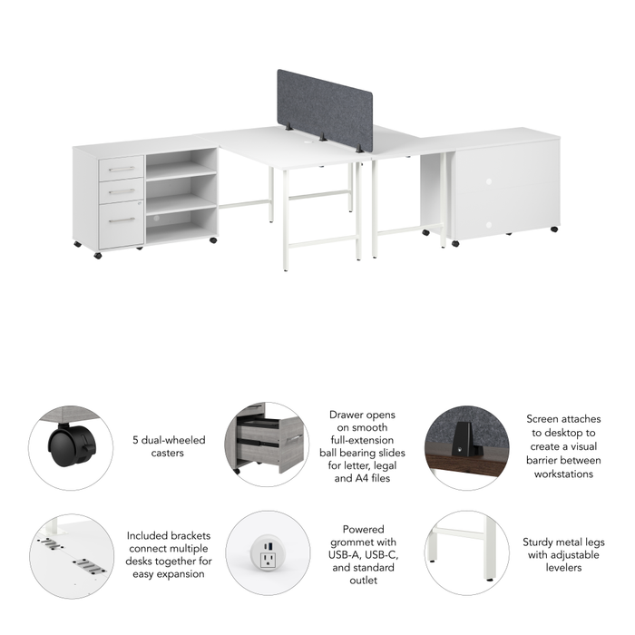 Hustle 2 Person Computer Desk with Mobile Storage Cabinets, Power Grommets, and Privacy Screen