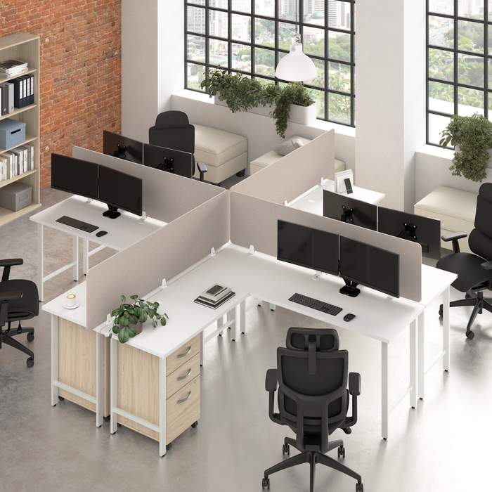 Hustle 4 Person L Shaped Desk with Mobile File Cabinets, Power Grommets, and Privacy Screens