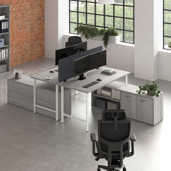 Hustle 2 Person Computer Desk with Low Storage Cabinets, Power Grommets, and Privacy Screen