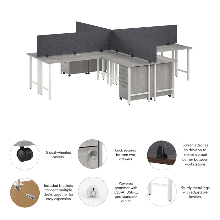 Hustle 4 Person L Shaped Desk with Mobile File Cabinets, Power Grommets, and Privacy Screens