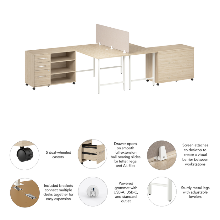 Hustle 2 Person Computer Desk with Mobile Storage Cabinets, Power Grommets, and Privacy Screen
