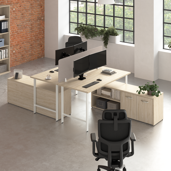 Hustle 2 Person Computer Desk with Low Storage Cabinets, Power Grommets, and Privacy Screen