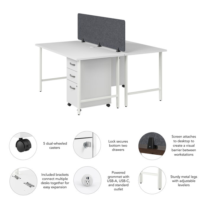 Hustle 2 Person Computer Desk with Mobile File Cabinets, Power Grommets, and Privacy Screen
