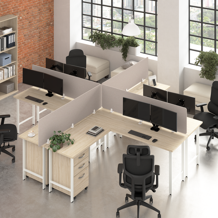 Hustle 4 Person L Shaped Desk with Mobile File Cabinets, Power Grommets, and Privacy Screens
