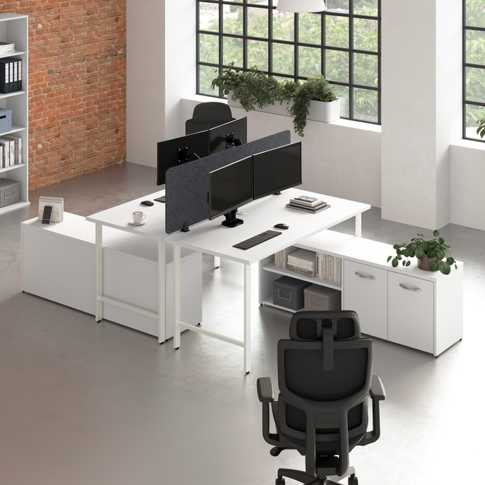 Hustle 2 Person Computer Desk with Low Storage Cabinets, Power Grommets, and Privacy Screen