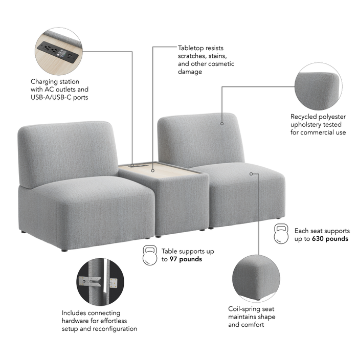 Assemble Modular 2 Seater Sectional with Charging Station