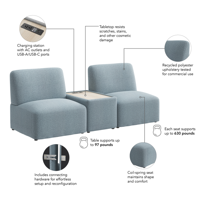 Assemble Modular 2 Seater Sectional with Charging Station
