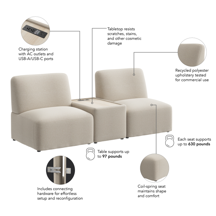 Assemble Modular 2 Seater Sectional with Charging Station