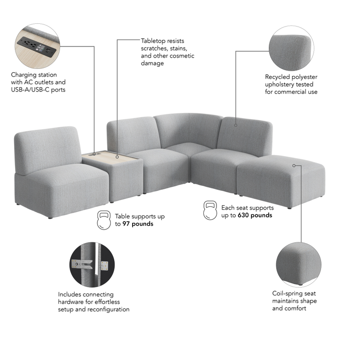 Assemble Modular 5 Seater L Shaped Sectional with Charging Station