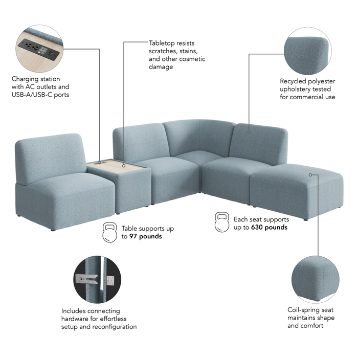 Assemble Modular 5 Seater L Shaped Sectional with Charging Station
