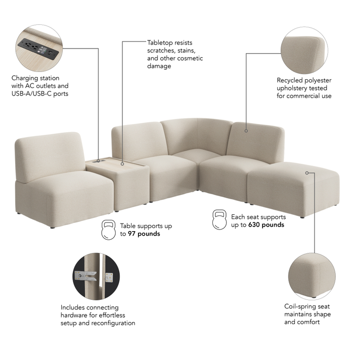Assemble Modular 5 Seater L Shaped Sectional with Charging Station