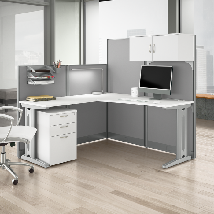 Office in an Hour 65W L Shaped Cubicle Desk with Storage, Drawers, and Organizers