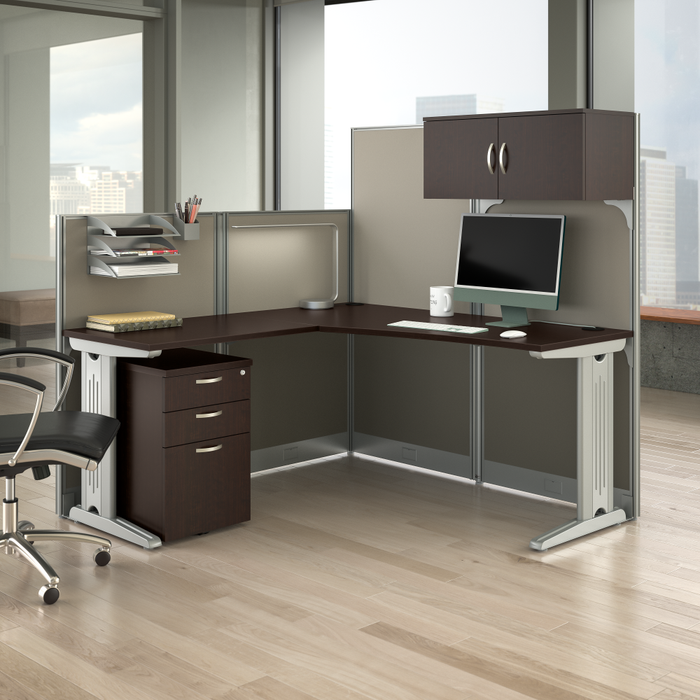 Office in an Hour 65W L Shaped Cubicle Desk with Storage, Drawers, and Organizers