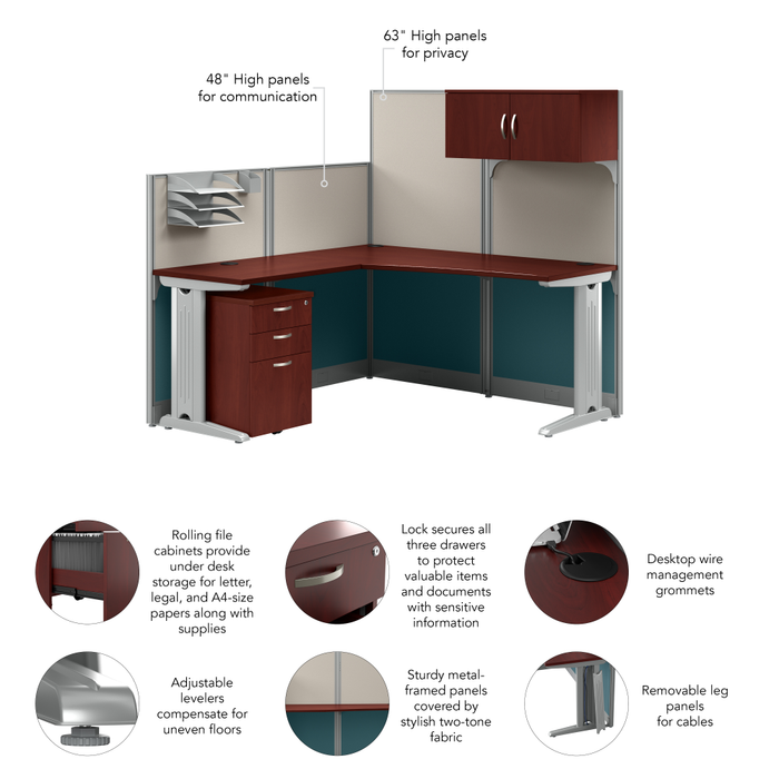 Office in an Hour 65W L Shaped Cubicle Desk with Storage, Drawers, and Organizers