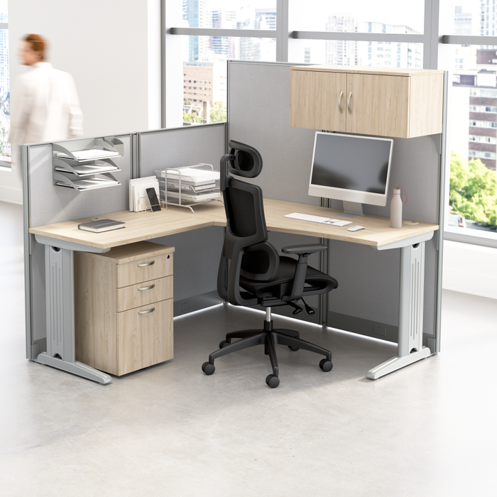 Office in an Hour 65W L Shaped Cubicle Desk with Storage, Drawers, and Organizers