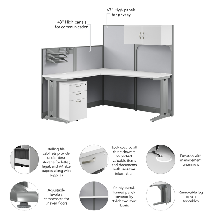 Office in an Hour 65W L Shaped Cubicle Desk with Storage, Drawers, and Organizers