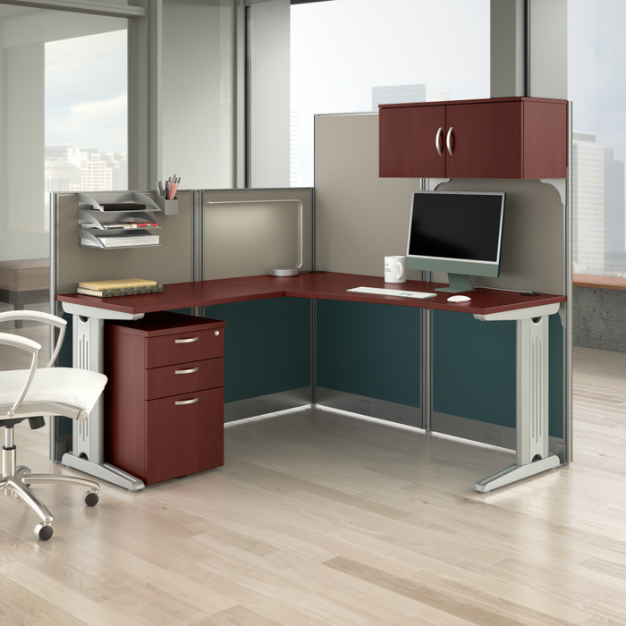 Office in an Hour 65W L Shaped Cubicle Desk with Storage, Drawers, and Organizers