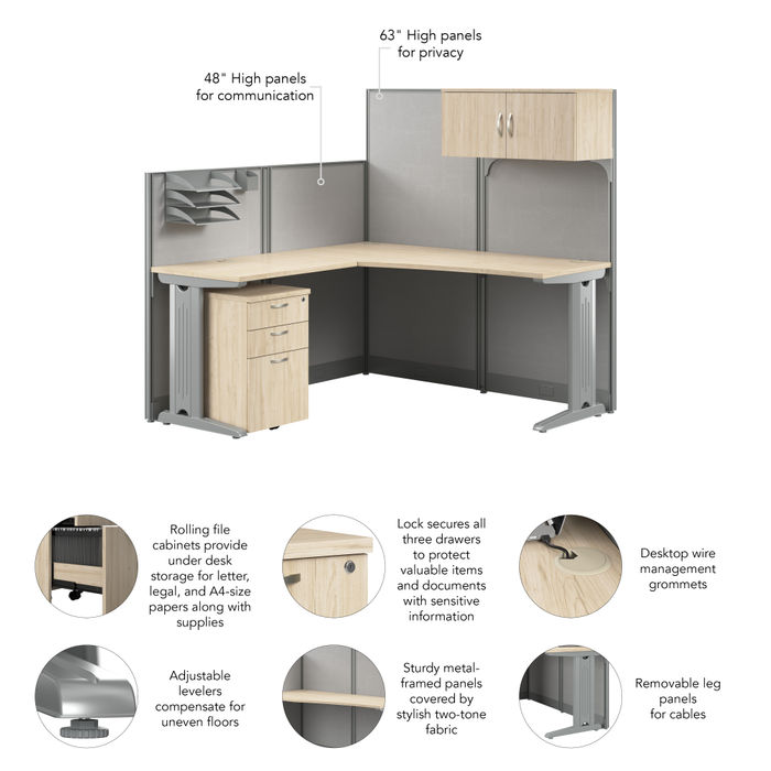 Office in an Hour 65W L Shaped Cubicle Desk with Storage, Drawers, and Organizers