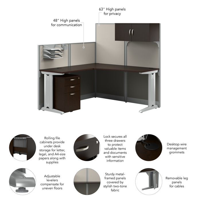 Office in an Hour 65W L Shaped Cubicle Desk with Storage, Drawers, and Organizers