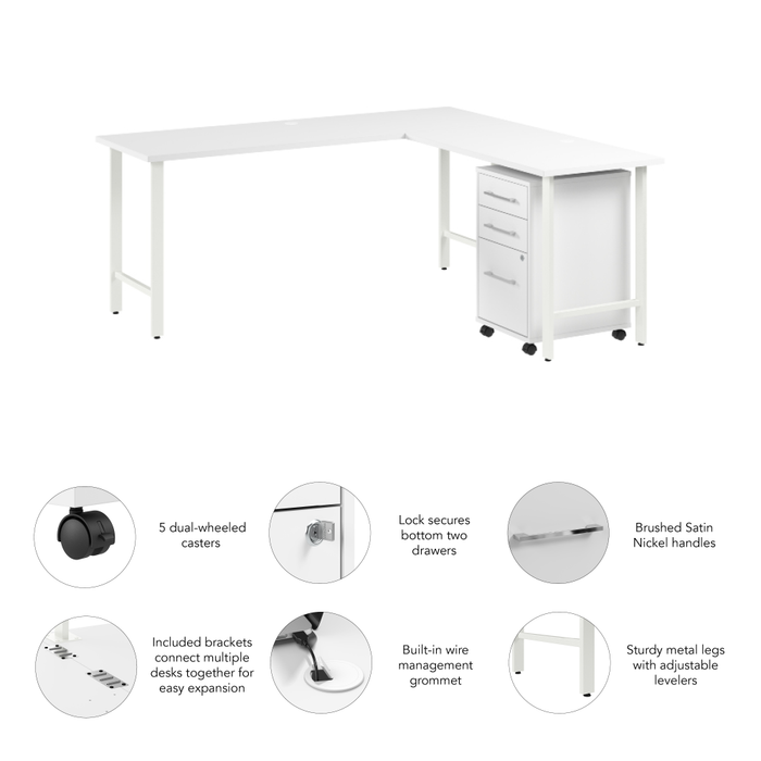 Hustle 72W x 24D L Shaped Computer Desk with 3 Drawer Mobile File Cabinet